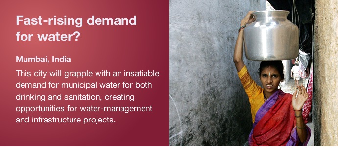 Fast-rising demand 
for water? Mumbai, India will grapple with an insatiable demand for municipal water for both drinking and sanitation, creating opportunities for water-management and infrastructure projects.