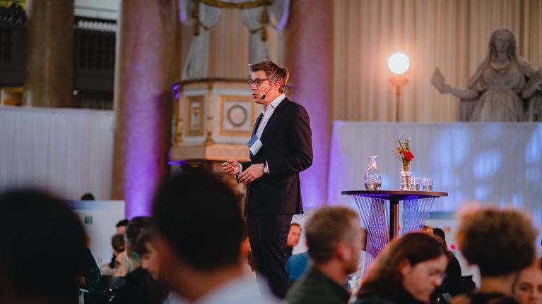Ben Sheppard, a McKinsey partner and leader of the UK Product Development and Design Practices, speaking at the Stockholm City Hall and venue of the Nobel Prize banquet