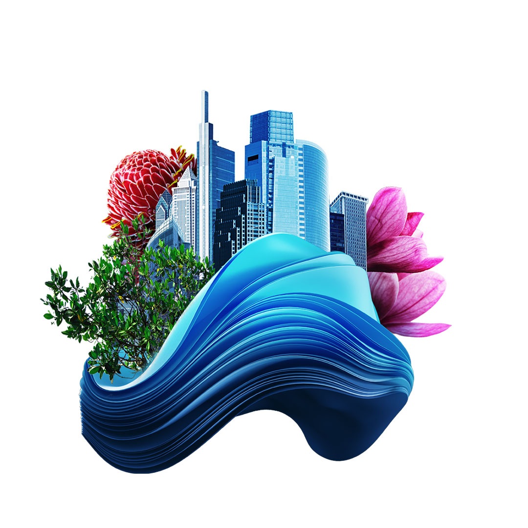 illustration of a blue wave with a city skyline, plants, and flowers