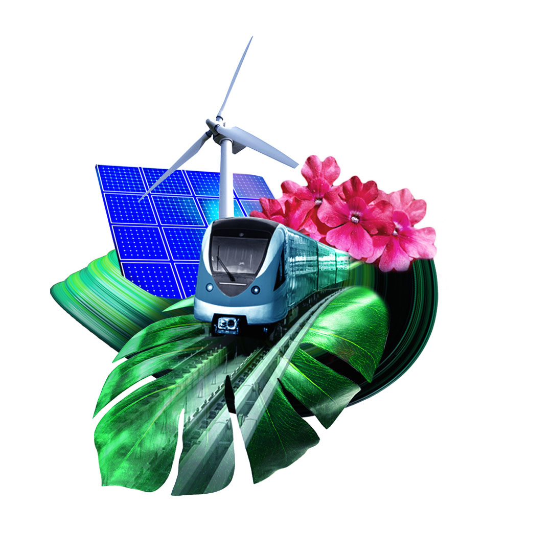illustration of a train, wind turbine, and solar panels on a palm leaf
