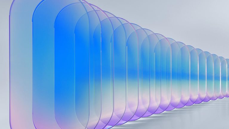 Series of translucent rounded rectangular shapes in blue and purple tones, decreasing in size and receding into the distance against a light gray background.