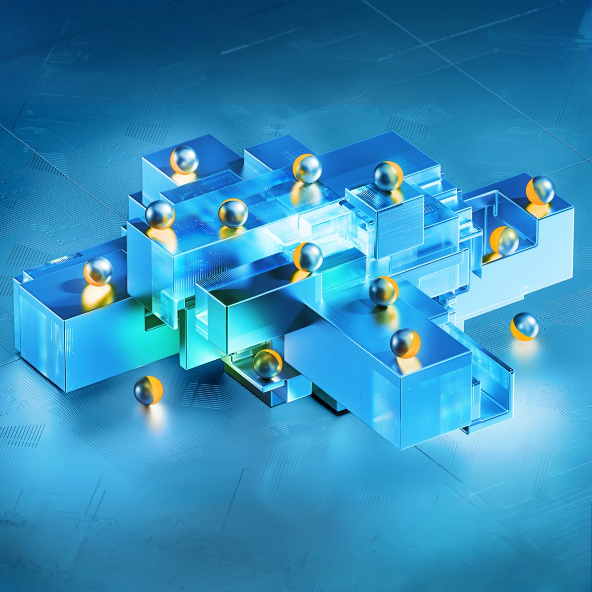 14 metallic spheres with reflective silver-blue surfaces and golden accents are distributed across a geometric structure of translucent blue blocks and platforms interlayered with abstract circuits.