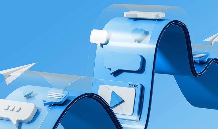 Social media communication concept with speech bubbles, hearts, and paper planes on a wavy blue structure. Futuristic digital interaction design.