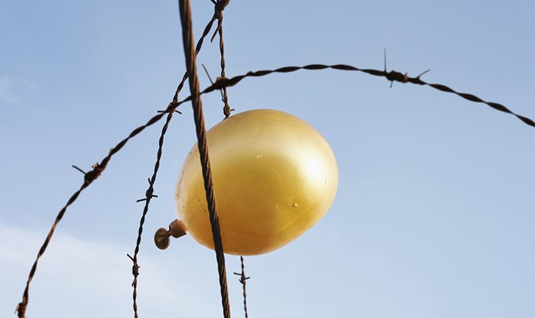 Deflating golden balloon caught in barbed wire