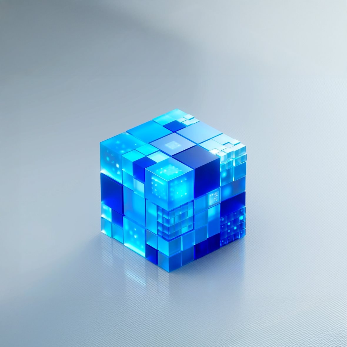 A digitally generated animation of small futuristic, translucent glass cubes coming together to from a larger cube which sits on a clean, light background, giving it a sleek, high-tech and abstract feel.