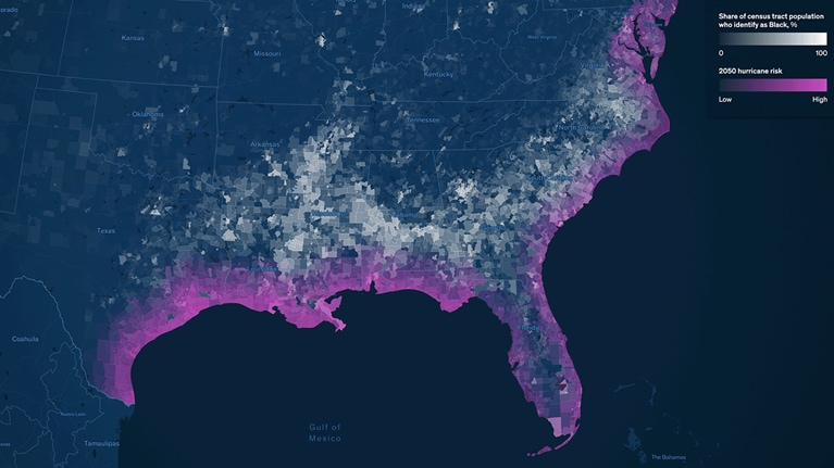 A map of the southeastern region of the United States, where the percentage of Black residents and the percentage of hurricane risk are highlighted.
