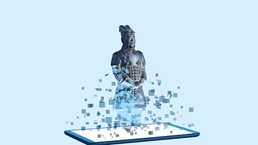 A terracotta soldier figurine emerging from a digital tablet. The soldier looks digitized at it's base but becomes a solid form at it's top. 
