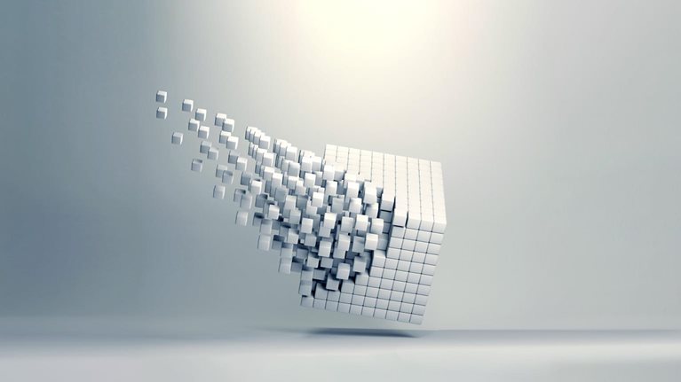 A 3D cube made up of multiple smaller cubes, one corner of the cube explodes outward in an organized but energetic manner. 