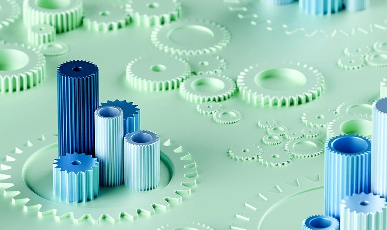 A conceptual with mechanical gear shapes forming bar graphs in blue and green tones