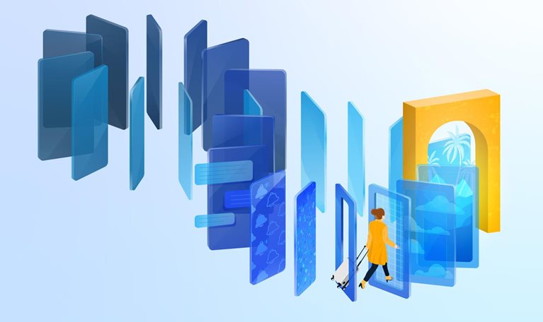 A digital illustration showing a traveler pulling a suitcase through a series of translucent blue panels that resemble digital screens, choices, and travel interfaces. The panels form the shape of a figure eight with one forming a bright yellow arched doorway with a tropical scene beyond it.