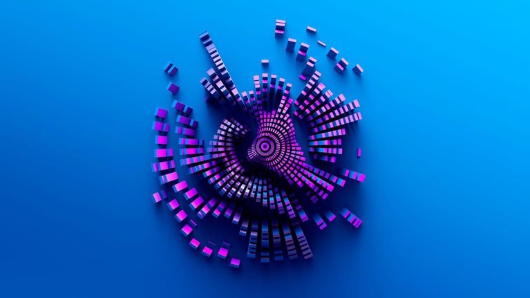 An abstract image of 3d geometric blocks forming a geographic type shape in a wavy dynamic pattern.