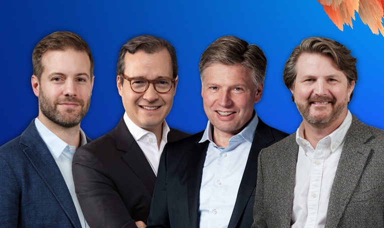 The image features Marc Canal, Nick Leung, Sven Smit, and Chris Bradley, the core authors of the McKinsey Global Institute book titled "A Century of Plenty: A Story of Progress for Generations to Come." They pose together and smile at the camera against a vibrant blue backdrop. Colorful painterly brushstrokes in warm orange and cool teal tones frame the image on either side.