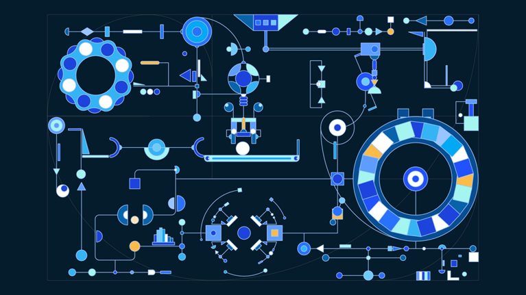 Abstract animation of colorful geometric shapes moving through an interconnected system, combining and transforming before accumulating in a large circular form that represents the business value created from AI investment.