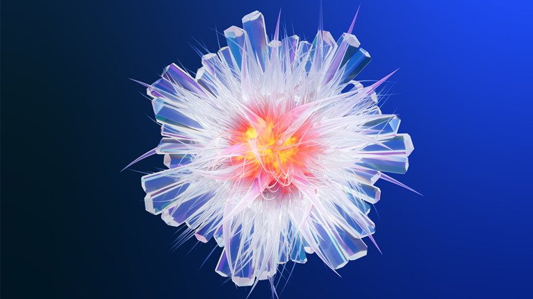 A 3D rendering of a blue crystal flower in full bloom against a dark blue background.