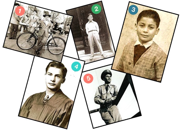Five images: (1) Gene, age 11, in Paris with a bicycle from his father; (2 and 3) Early photos of life in "da Bronx"; (4) Junior High graduation; (5) Airman First Class and enlisted member of the U.S. Air Force