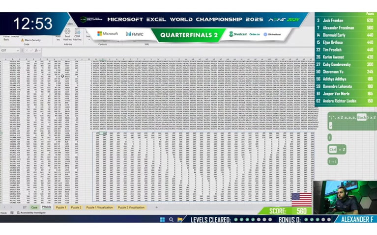 A real-time screenshot of Alexander competing at the Excel World Championship