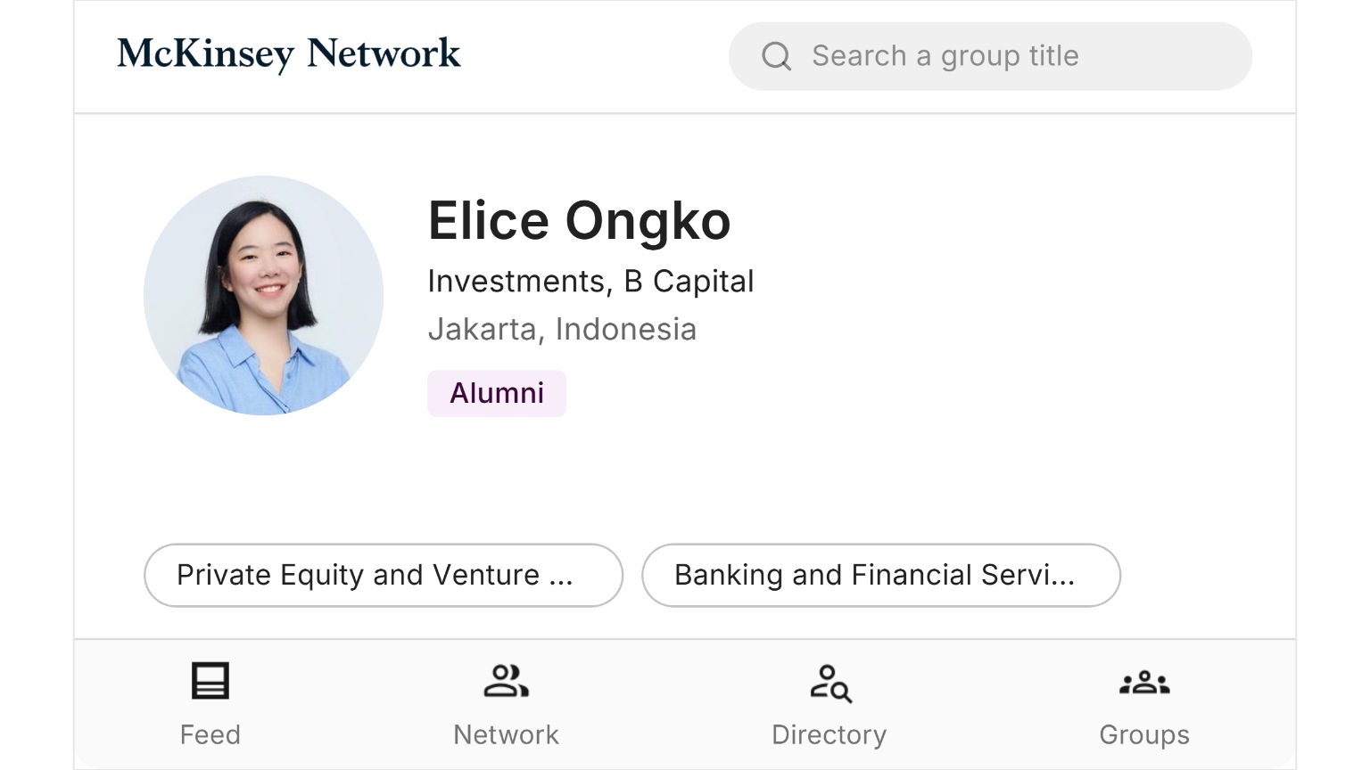 Elice Ongko McKinsey Network profile card
