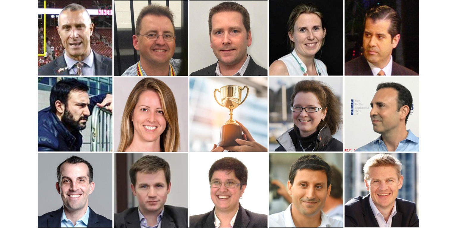 Collage with faces of 14 featured alumni who work in sports