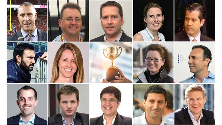 Collage with faces of 14 featured alumni who work in sports