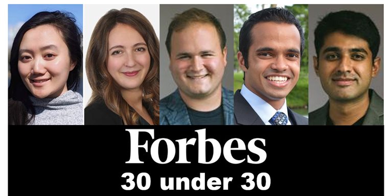 Montage image of five alumni with Forbes 30 under 30 logo