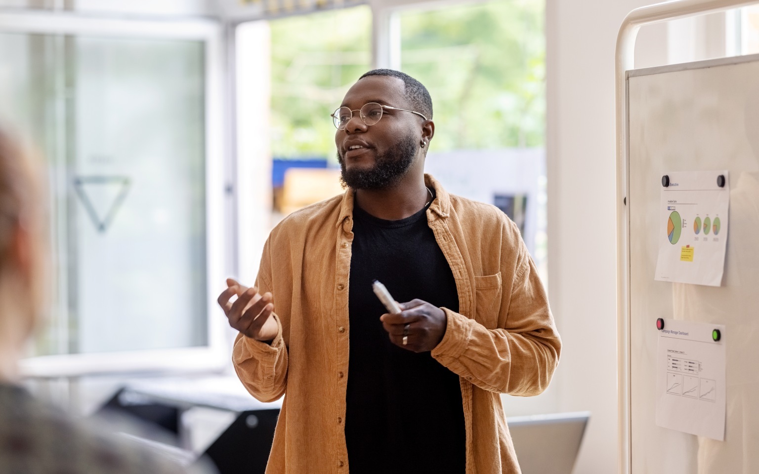 Man explaining project with board
