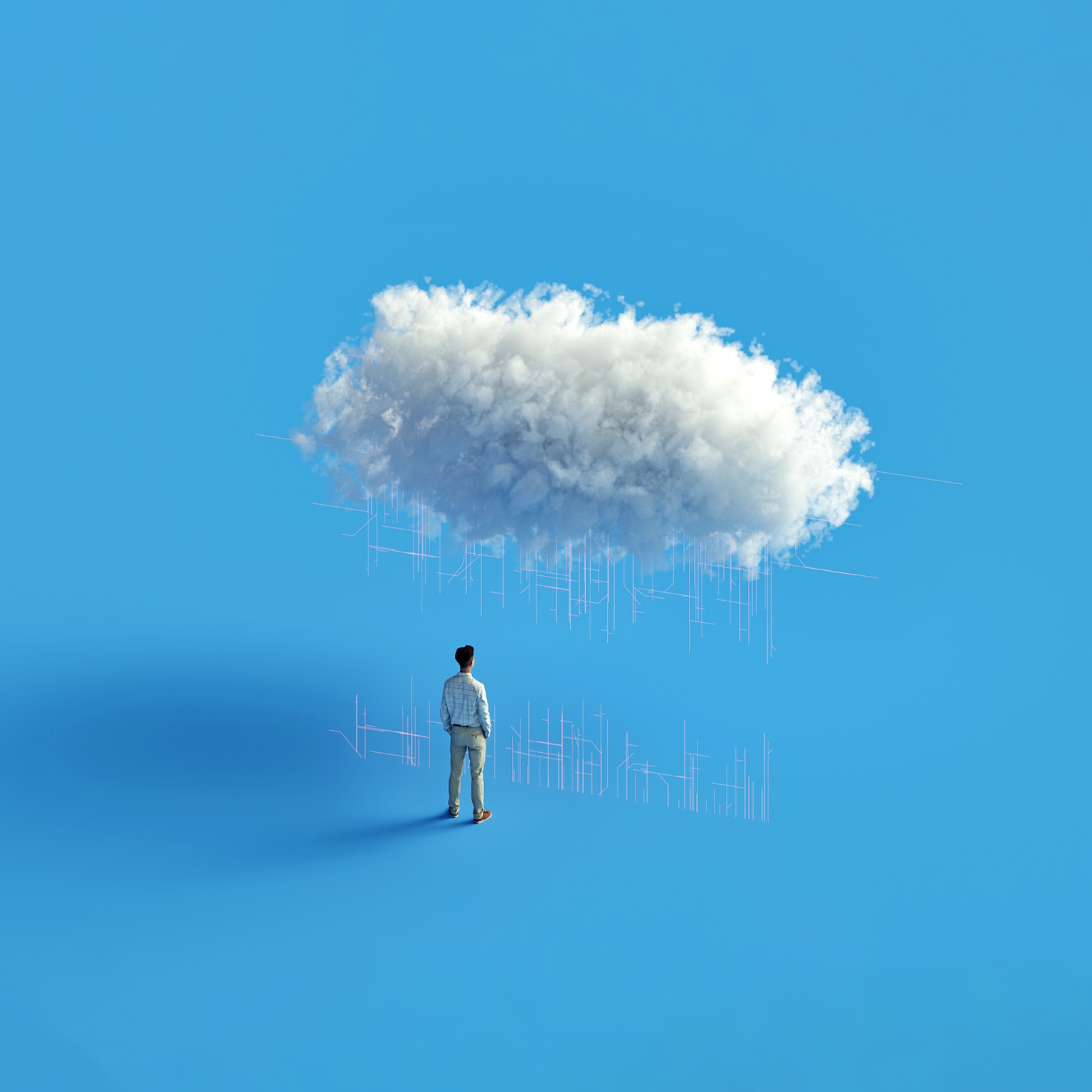 A business man looking up at a fluffy white cloud with digital lines radiating from it.