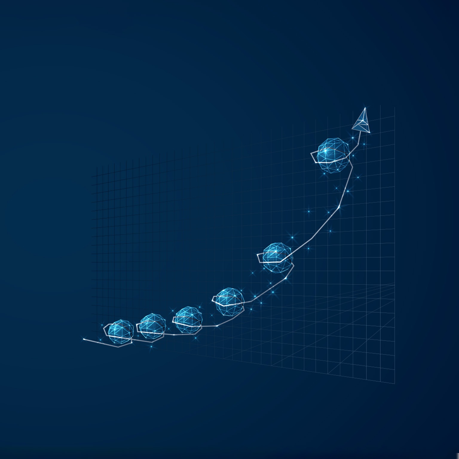 Abstract modern background depicting a growth chart composed of stars and lines, resembling a line chart. The chart is set against a blue background.