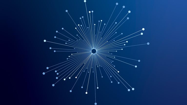 Concentric lines with circles of different sizes at the ends on a blue background