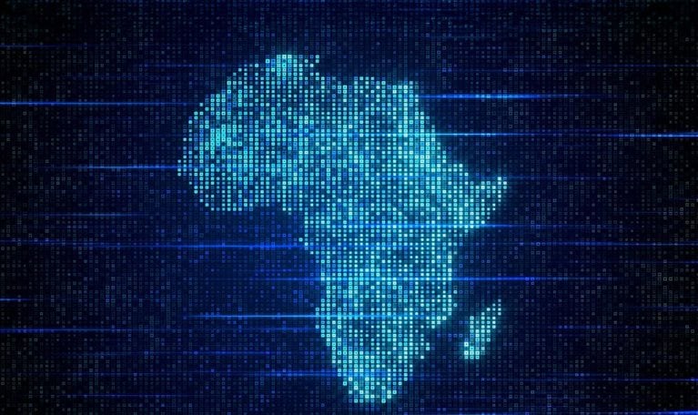 Futuristic Blue Shinny Digital Hud Square Elements Mosaic Grid Map Of Africa Flat Screen With Horizontal Light Streaks