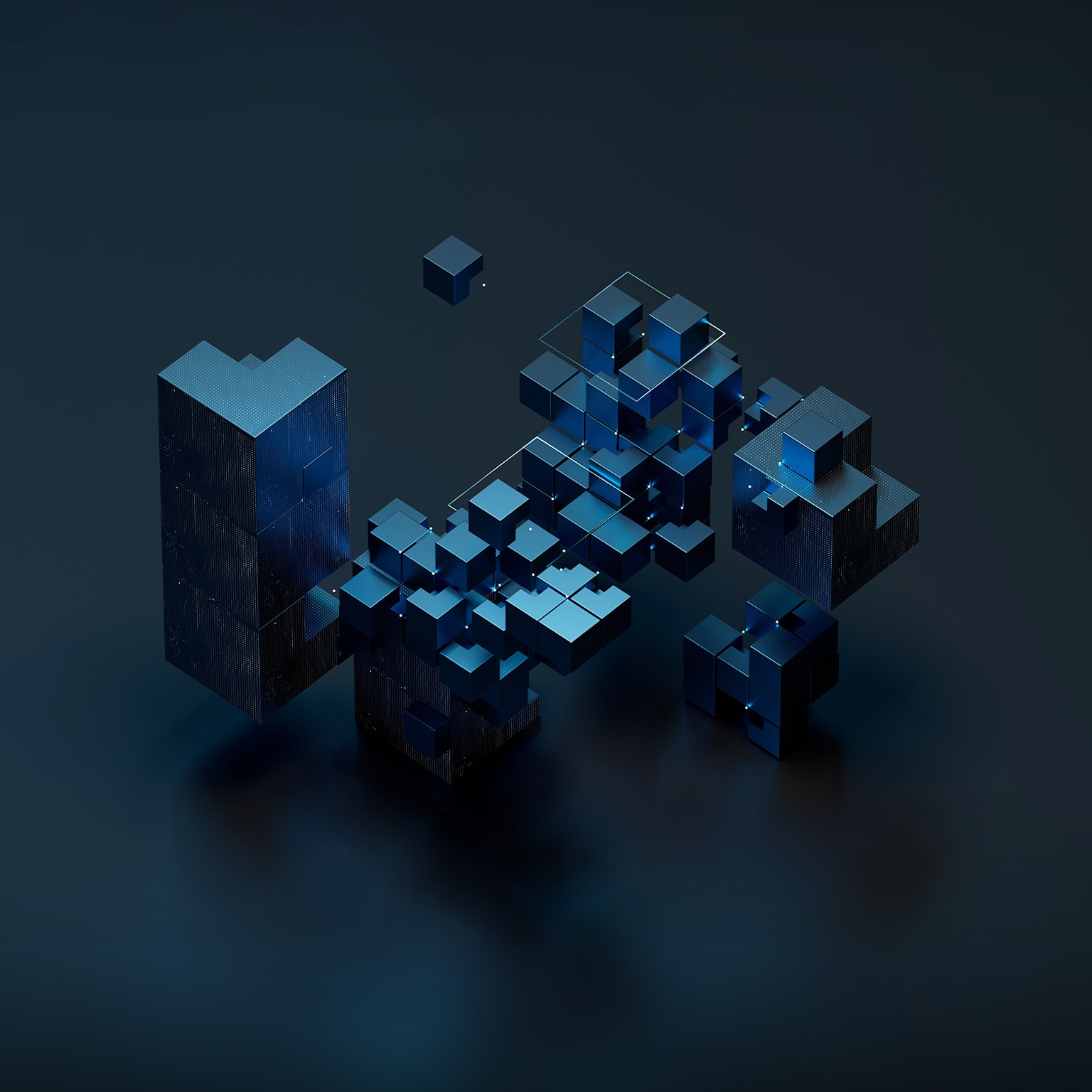 Digitally generated image of an cubic data tech block, abstract design featuring several interconnected, box blocks-like structures that appear to pattern. These blocks are illuminated with a digital dark blue color scheme, with countless tiny, glowing elements resembling data streams or circuit boards. Artificial intelligence, machine learning or digital transformation concept.