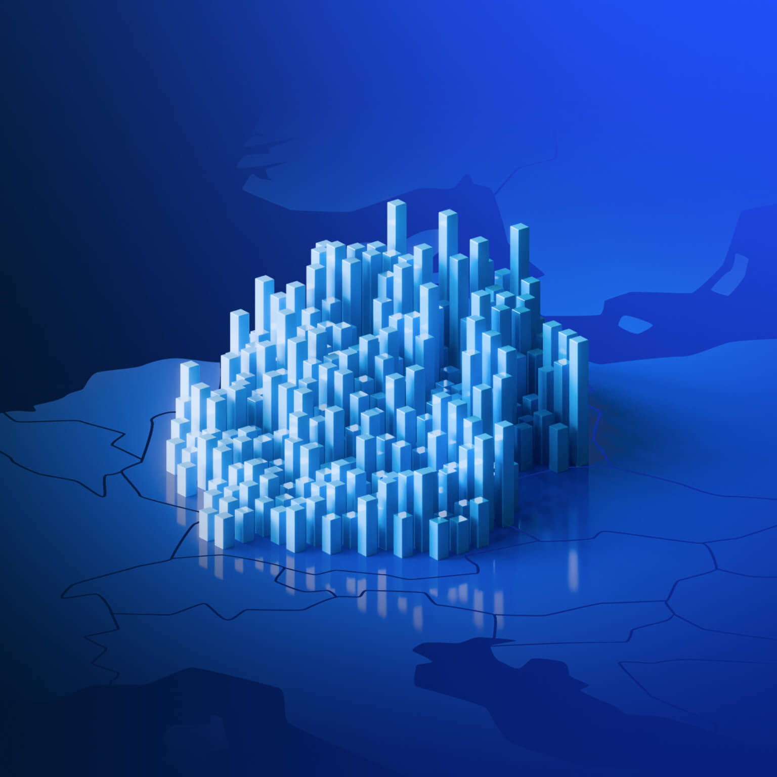 Diese 3D-Illustration zeigt eine futuristische, abstrakte Stadtlandschaft.