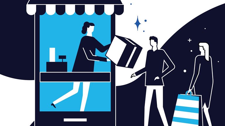 Illustration of people standing in a line and a shop assistant distributing order