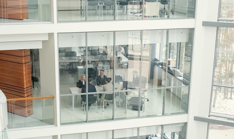 People working in a modern office building