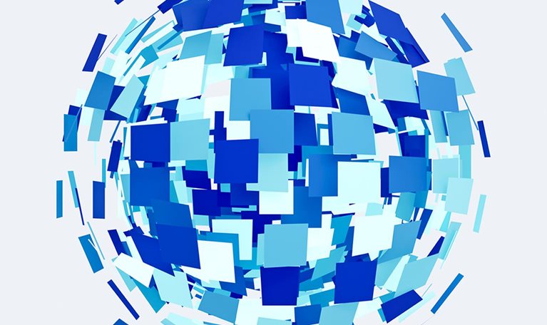 Globe made from squares expanding on white background