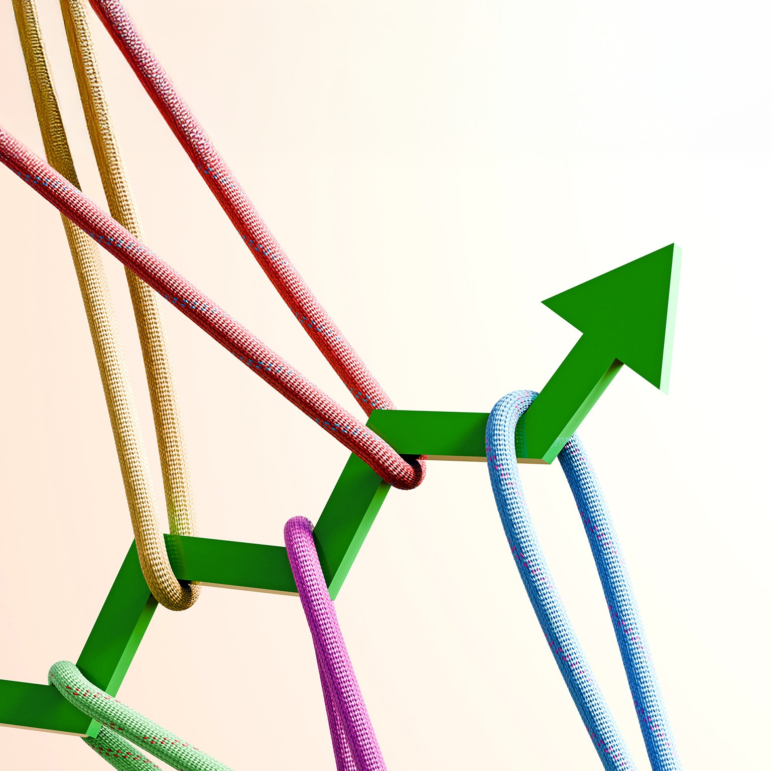 Dynamic conceptual image of a green arrow zig-zagging upwards, tugged in various directions by colorful ropes. 