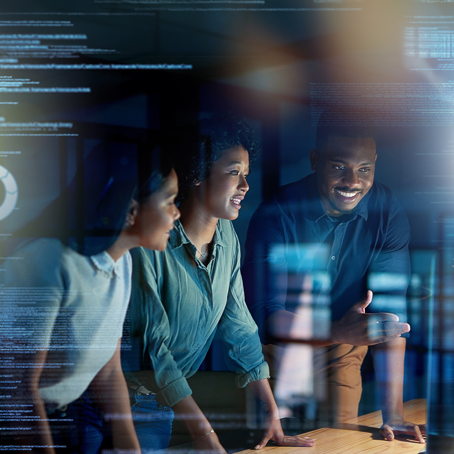 Overlay, futuristic and programmer team coding a future app, website or web on the internet online at night in an office, planning for innovation - stock photo