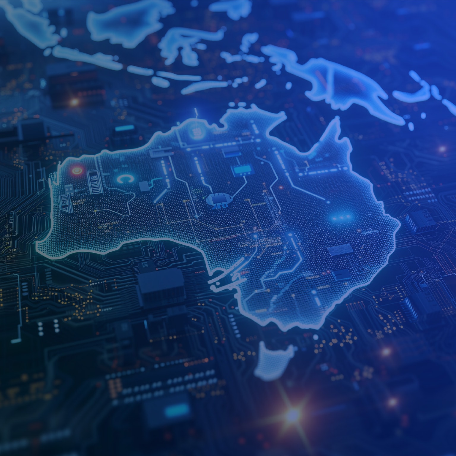 Outline of Australia superimposed over computer chip. - stock image