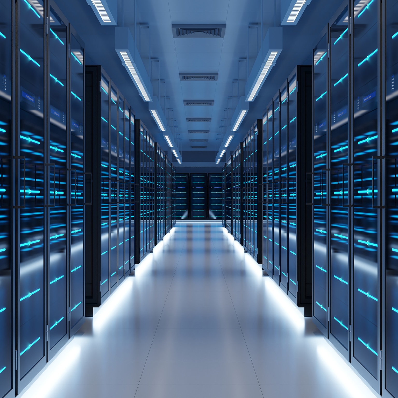 This image shows a modern data center facility designed for high-performance computing, such as AI workloads or cloud services.