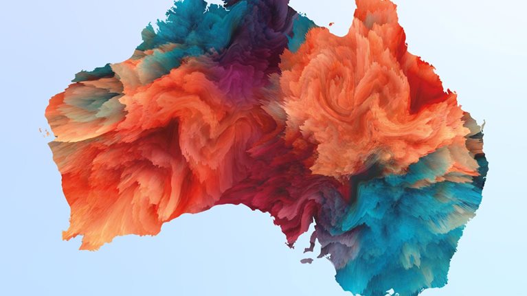 The image shows a vibrant, stylized 3D-effect topographical map of Australia in a spectral color palette featuring shades of blue, purple, red, and orange.