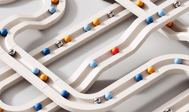 3D image of rolling objects along a path. The concept of choice.