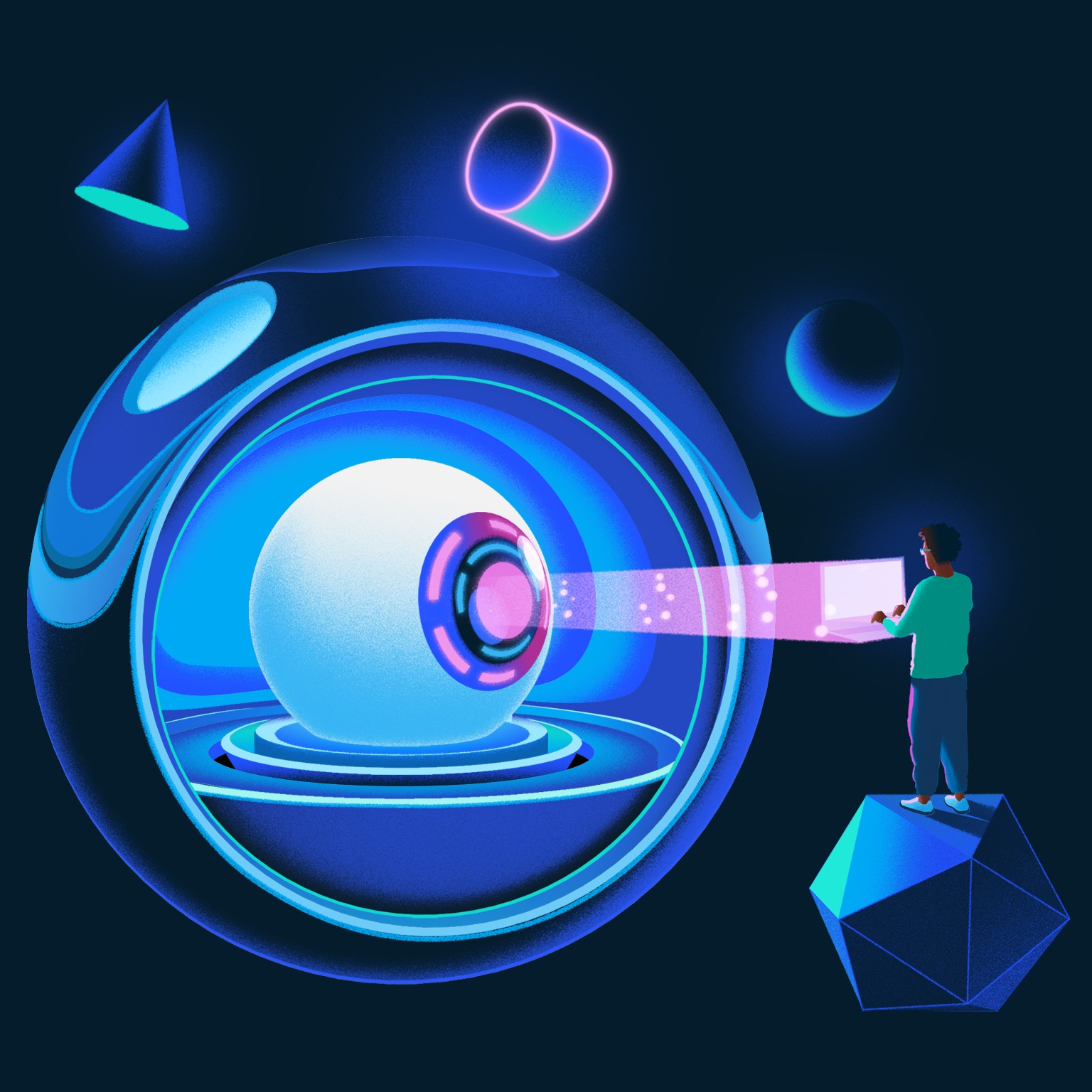 An illustration of an eyeball with a digital iris, sitting inside a larger sphere whose front half is open. Three-dimensional geometric shapes float near the top and to the left of the sphere. A person holding a laptop is positioned to the right of the sphere and stands atop a three-dimensional polygon. A light shines from the center of the iris to the laptop. 