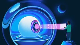 An illustration of an eyeball with a digital iris, sitting inside a larger sphere whose front half is open. Three-dimensional geometric shapes float near the top and to the left of the sphere. A person holding a laptop is positioned to the right of the sphere and stands atop a three-dimensional polygon. A light shines from the center of the iris to the laptop.