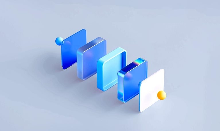 Five 3d squares of varying shades of blue and white are arranged in a diagonal line against a light blue background. Each blue square is progressively more opaque and features a subtle iridescent sheen, while small blue and yellow spheres accent the first and last squares respectively.