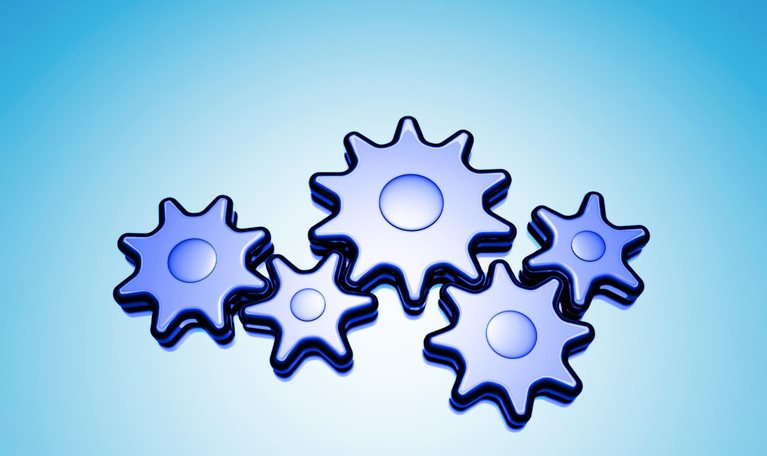 A group of stylized blue gears of different sizes interlocked against a soft blue gradient background. It conveys a sense of coordination, process, and systems working together in a clean, modern, and abstract style.