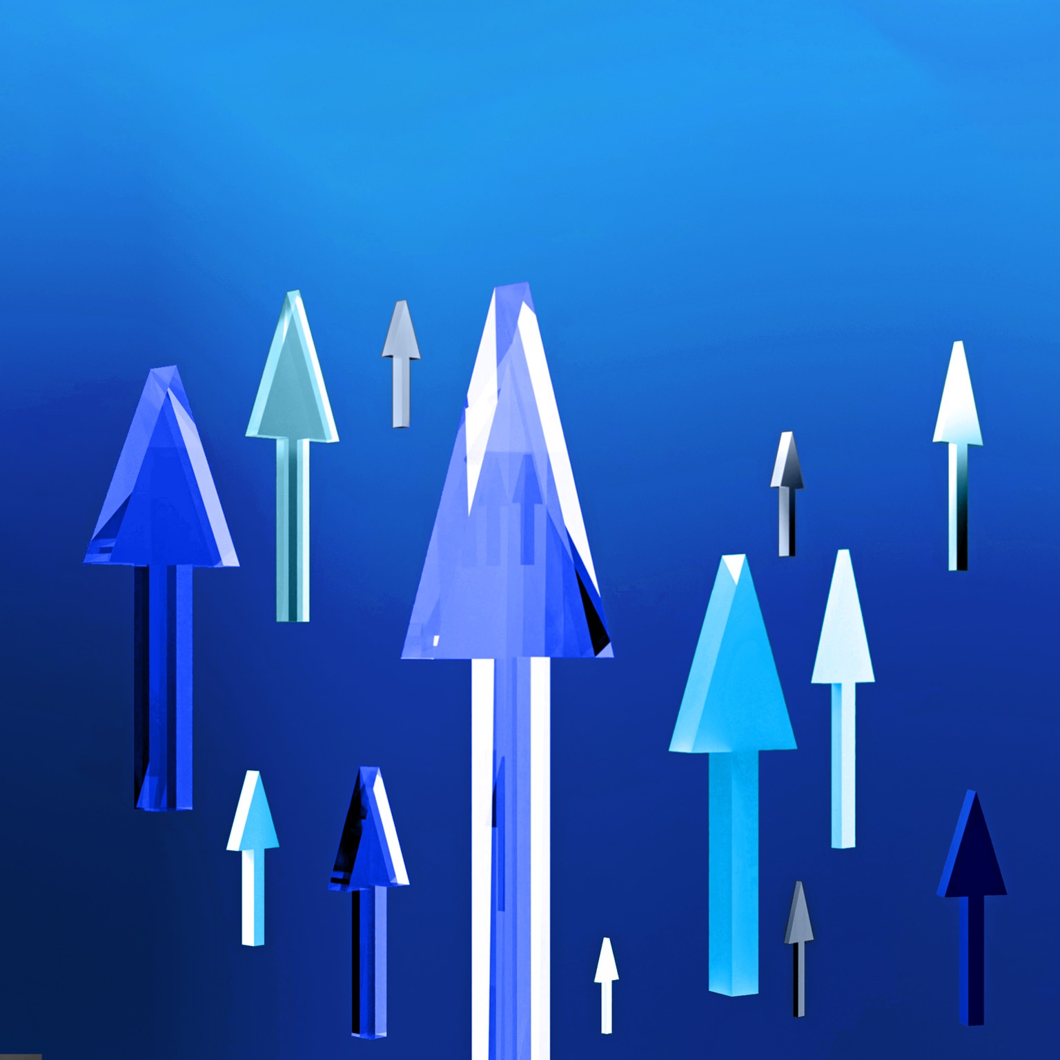 A collection of vertically-oriented arrows in different tones of blue and gray set against a blue backdrop. The arrows give the impression of being crafted from glass or crystal and have a three-dimensional appearance.