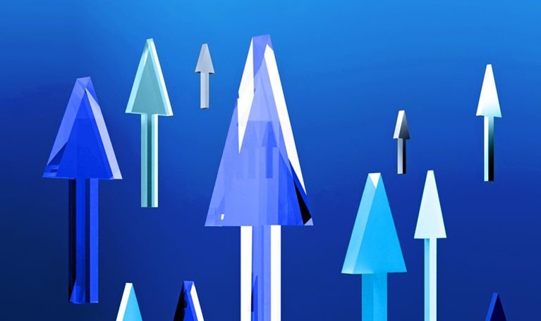 A collection of vertically-oriented arrows in different tones of blue and gray set against a blue backdrop. The arrows give the impression of being crafted from glass or crystal and have a three-dimensional appearance.