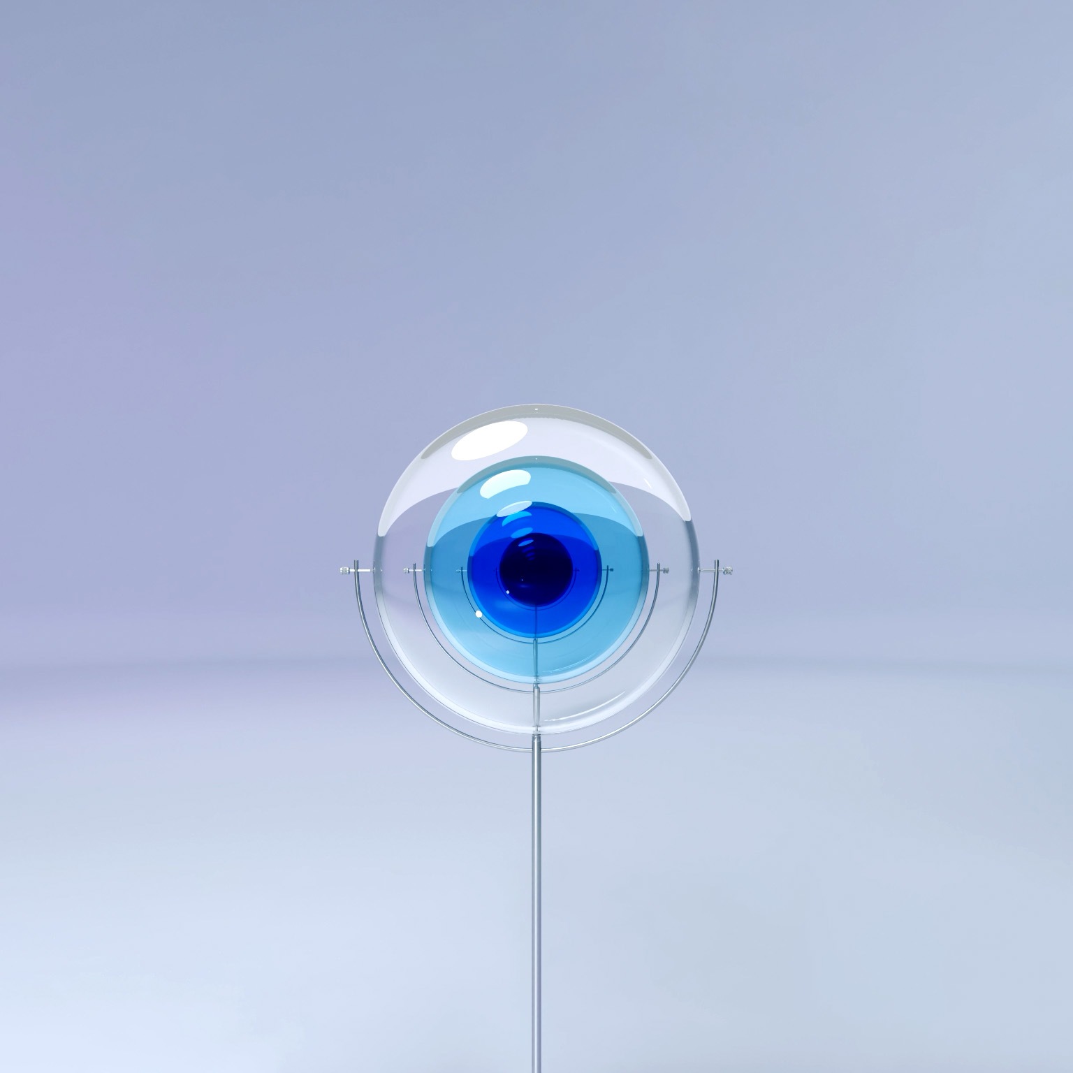 A sculpture made of four glass lenses, supported by delicate metal structures, creates an abstract display. The lenses, with their opaque blue hues and varying sizes, sway to eventually align and resemble an eye and iris.