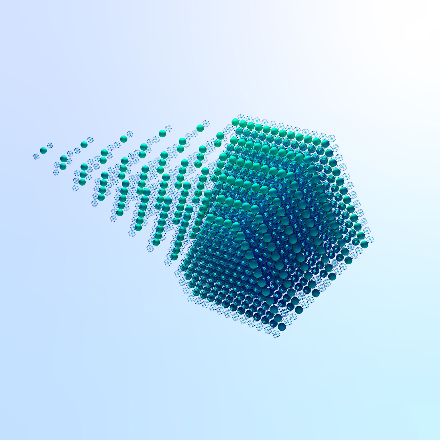 A visually striking image of a cube made of green spheres within wireframe boxes, with a sense of movement as the spheres seem to be trailing off from the main cube.