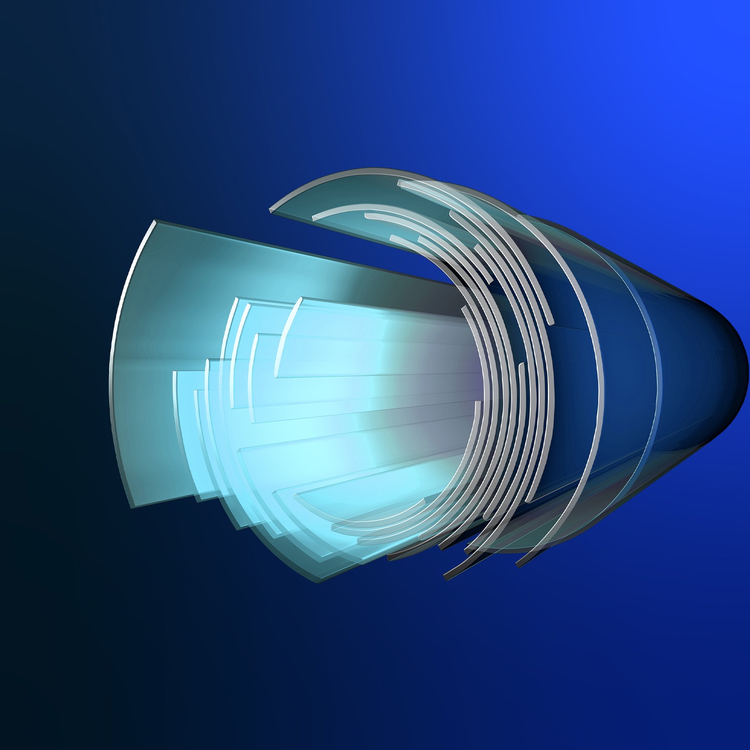 A futuristic-looking abstract image featuring concentric layered semicircles expanding forward toward the viewer.