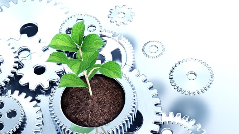 A plant growing out of soil, nestled inside the center of a large metallic gear. Other metallic gears of varying sizes surround the central gear and plant.